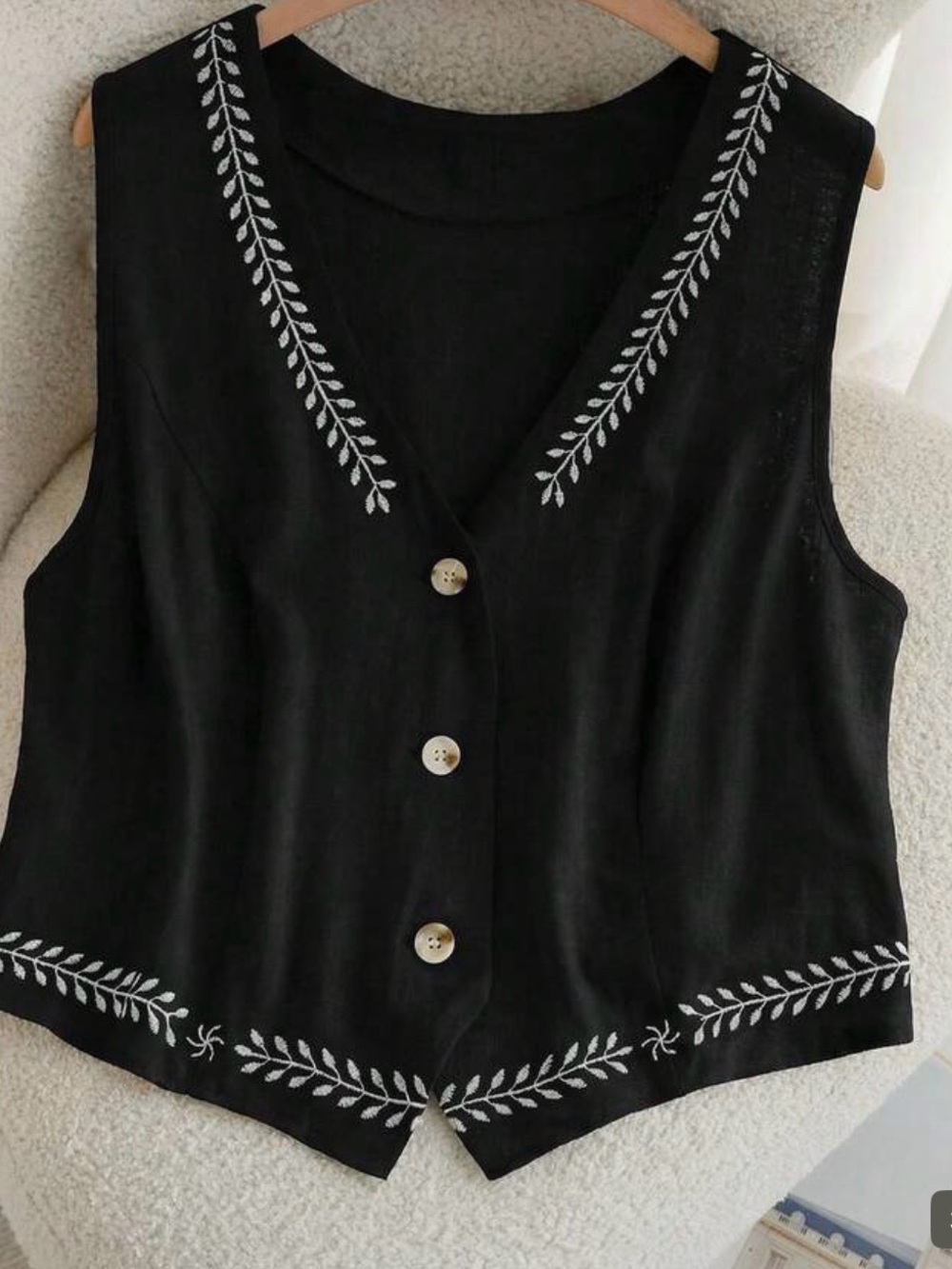 SHEIN Black V-Neck Button Front Embroidered Women’s Vest runs small